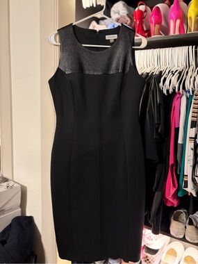 Calvin Klein Black Sleeveless Midi Sheath Dress with Shimmer Yoke